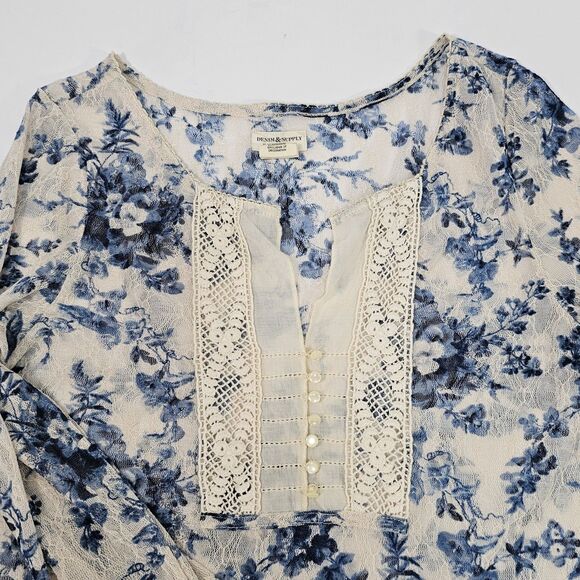 Y2K Denim & Supply Ralph Lauren Blue Floral Lace Henley Top L Long Sleeve Boho - Picture 6 of 6
